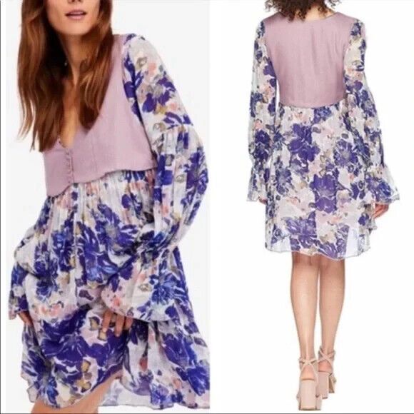 New S Womens NWT Free People Alice Vested Dress Floral Ivory Combo $148 Purple - Picture 1 of 11